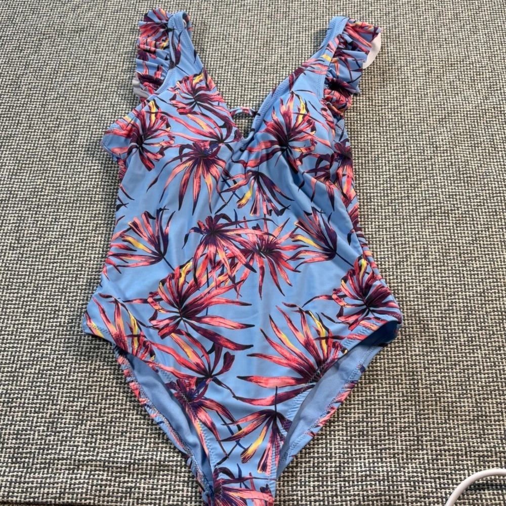 Jessica Simpson Womens Tropical Palm Ruffle Shoulder One Piece Swimsuit Blue M